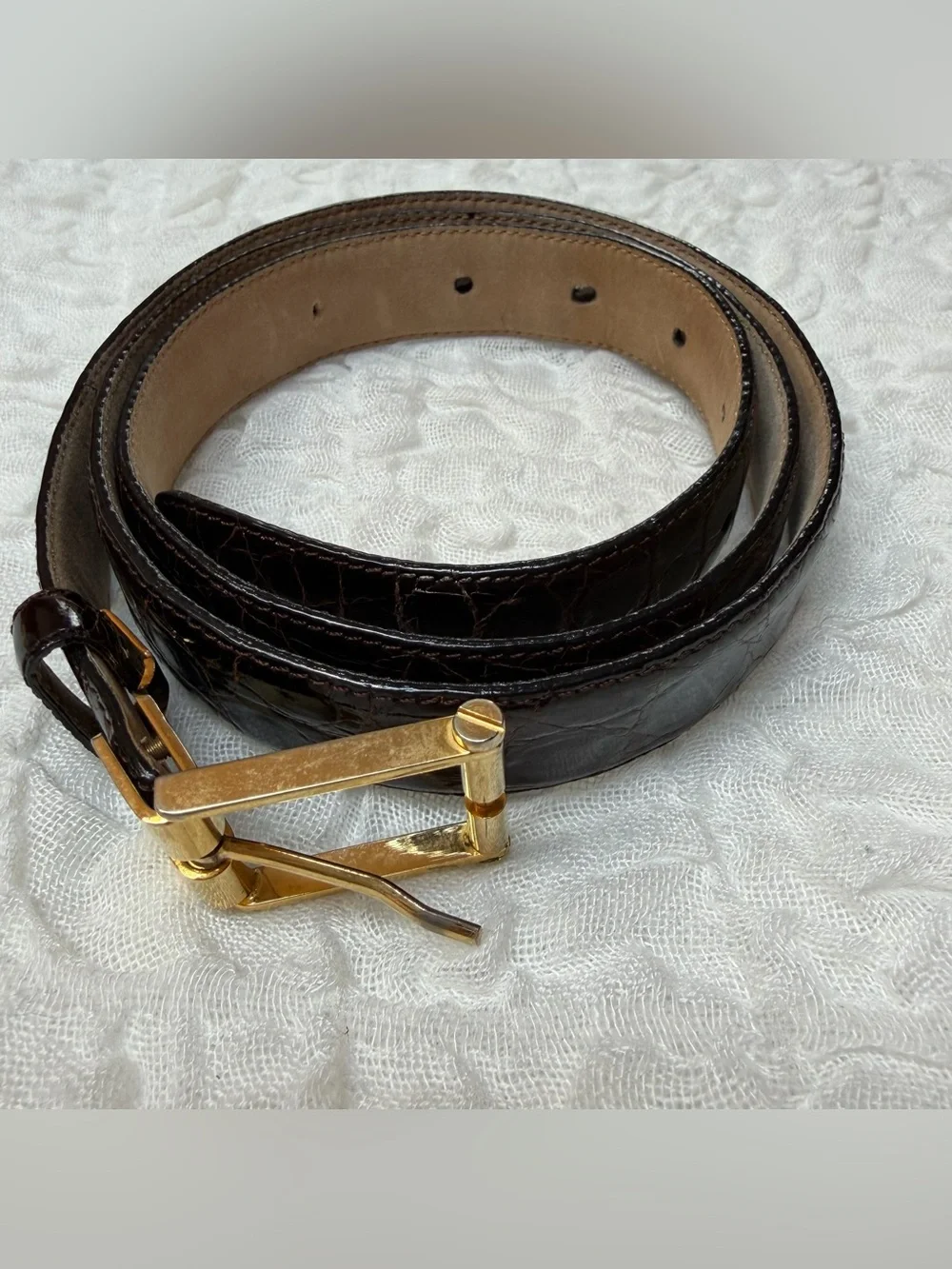 Vintage Bally Genuine Crocodile Leather Belt Italy Gold Buckle 36